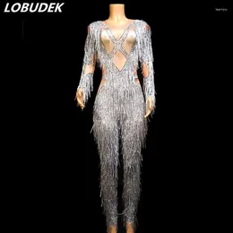 Stage Wear Silver Grey Crystals Tassels Jumpsuit Elastic Fringes Leotard Female Nightclub Bar Party Prom Singer Dance Costume