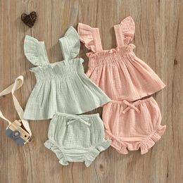 Clothing Sets 2 Pieces Girls Suit Set Solid Colour Square Neck Sleeve Tops Ruffle Short Pants For Summer 0-3 Years