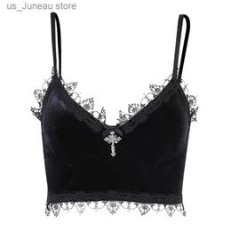 Women's Tanks Camis Goth Sexy Lace Corset Crop Tops Camis Y2K Harajuku Aesthetic Black Red Cross Basic Tank Top Summer Women Grunge Emo Strtwear 1 T240415