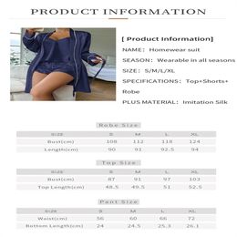 Women'S Satin Pyjama Set Long Sleeve Belted Robe V Neck Cami Top And Shorts Night-Robe 3 Pieces Suit Summer Women's Sleepwear
