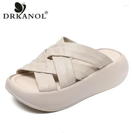 Slippers DRKANOL Concise Summer Women Wedges Heel Platform Outside Casual Sandals Slides Ladies Cross Genuine Leather