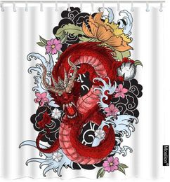 Shower Curtains Dragon Chinese Traditional Asian Tattoo Hand Drawn Flower Culture Mascot Funny Curtain