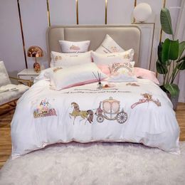 Bedding Sets Cartoon Princess White Lace Skirt Castle Applique Embroidery Girls Set Silk Cotton Duvet Cover Bed Sheet Pillowcases