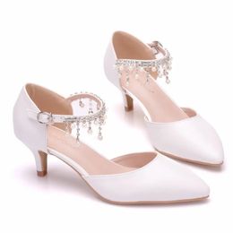 Summer Women High Heel Sandals Pointed Toe 5cm White Single Rhinestone Mary Janes Ladies Shoes