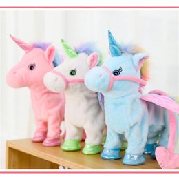 Unicorn Electric Plush Doll Kids Sing Walk Wriggle Cute Animals Toys Stuffed PP Cotton Girls Pull Rope Festival Birthday Gift Soft3419316