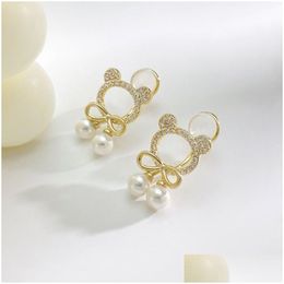 Dangle Chandelier New Fashion Trend Unique Design Hollow Cute Bear Elegant Delicate Bow Pearl 14K Yellow Gold Earrings Ladies High Jew Dhcfh