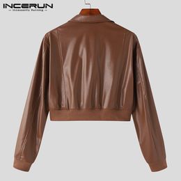 INCERUN Tops 2024 Korean Style New Men Zipper Shoulder Pad Cropped Jackets Casual Loose Solid Long Sleeved Leather Jackets S-5XL