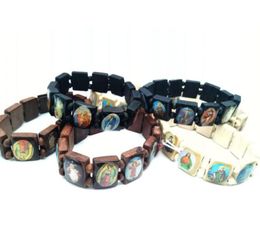 Wooden Bead Bracelet Jesus Mary Holy Saints Charm Bracelets Christian Catholic Jewellery Gift Religious Rosary Elastic Bracel2161386