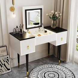 Makeup Set for Bedroom Dressing Table With Mirror and Stool Makeup Flip-top Mirror Solid Wood 43.3" LED Light Furniture Home