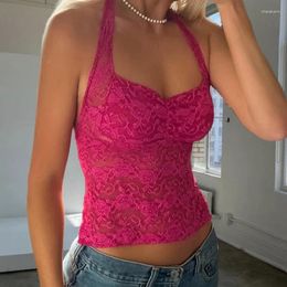 Women's Tanks 2000s Fairycore Retro Aesthetic Tie Up Halter Camis Y2K Coquette Floral Lace Crop Tops Mesh Sheer See Through Backless Mini