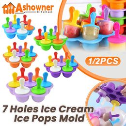 Baking Moulds 7 Holes Ice Cream Pops Mold Silicone Ball Maker Popsicles Molds Baby Fruit Shake Home Kitchen Accessories Tools