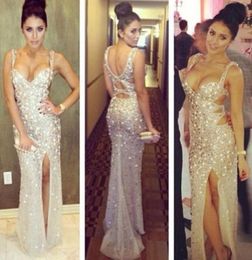 So Sexy Low VNeck See Through Chiffon Crystal Sheath Prom Dresses with Slit On the Front EveningBussinessParty Dresses 8473519