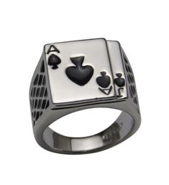 2014 Cool Men039s Jewelry Chunky 18K White Gold Plated Black Enamel Spades Poker Ring Men7578530