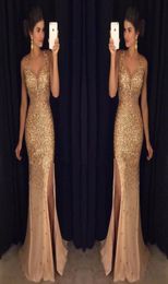 2K17 Sparkle Gold Crystal Prom Dresses Mermaid V Neck High Side Split Evening Dress Floor Length Long Formal Custom Prom Dressess8453777