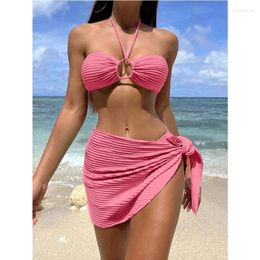 Women's Swimwear 2024 Solid Color High Waist 3-piece Woman's Swimsuit Summer Beach Skirt Bikini Set Sexy Suspender Backless Bathing Suit