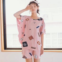 Home Clothing Kawaii Bat Sleeve Blouse Loose Women Cartoon Pyjamas With Shorts Women's Suit Cotton Clothes For Lady Sleepwear Two Piece