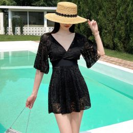 Suits Conservative One Piece Swimming Suit for Women Black Short Sleeve Lace Hollow Out Elegant Ladies Swimwear Beachwear Plus Size