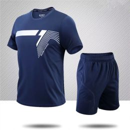T-Shirts Summer Sports Suit Men Two Piece Fitness Shirt Sets Running Quick Dry Clothes Gym Round Neck Tshirt Sportswear for Men