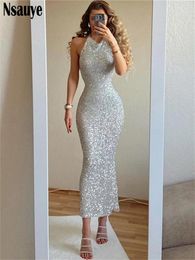 Casual Dresses Sexy Backless Halter Sequins Bodycon Off Shoulder Long Dress Women Night Club Party Summer Elegant 2024