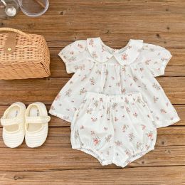 Shorts Infant summer short sleeve 2piece set baby girls 2pcs clothes Floral Pattern Doll Collar Top + Shorts