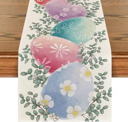 Watercolor Eggs Eucalyptus Daisy Flowers Easter Linen Table Runner Seasonal Spring Flowers Kitchen Home Party Dining Table Decor