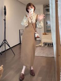 Work Dresses Long Sleeve Polka Dot Shirt And Khaki Suspenders Skirt Two-piece Suit Conjuntos De Saia Coreano Two Piece Sets Womens Outifits