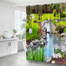 Shower Curtains Spring Scenery Park Natural Landscape Rill Green Plant Flower View Bathroom Decor Polyester Fabric Curtain