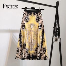 High Waist Pleated Harajuku null Skirts faldas Summer European Flower Printed Long for Women MidCalf Skirt Faldas Larga 240408