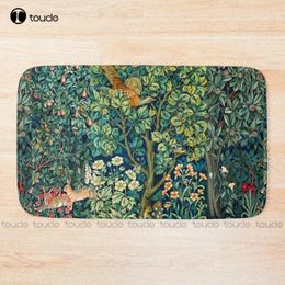 Bath Mats Greenery Forest Animals Pheasant On Tree Squirrel Hares Blue Green Floral Tapestry Mat Non-Slip Carpet