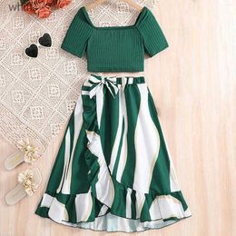 Clothing Sets Clothing Sets Fashion Summer Clothes Dress For Kids Girls 7-12Yrs 2024 Puff Short Sleeve Green Top Stripe Skirts Two Piece Set C240413