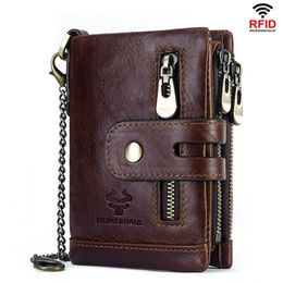 Storage Bags HUMERPAUL Leather Men's Wallet RFID Anti-Theft Brush Coin Purse Compact Mini Card Clip Chain Antimagnetic Brown