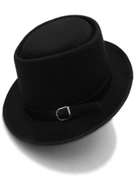 Pork Pie Hat For Women Men With Fashion Leather For Dad Wool Flat Fedora For Lady Gambler Trilby Hat Size 58CM1514457