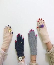 Five Fingers Gloves Japanese Women Funny Nail Pattern Embroidery Winter Warm Thicken Faux Wool Cycling Driving Solid Colour Mittens1395620