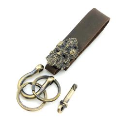 Keychains EDC Outdoor Tool Brass Carved Skull Leather Keychain / Dropshipping