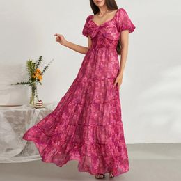 Party Dresses Women's Flower Print Long Dress Open Back Sundress Summer Holiday Short Puff Sleeve Sweetheart Neck A-Line For