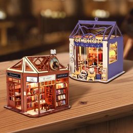 NEW DIY Wooden Bookstore Casa Doll Houses Miniature Building Kits With Furniture Pet Shop Dollhouse for Adults Birthday Gifts