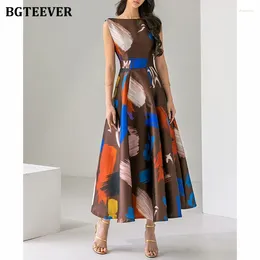 Casual Dresses BGTEEVER Stylish Printed Mid-Length Dress Spring Summer Vestidos Elegant O-neck Slim Waist Sleeveless Women A-line