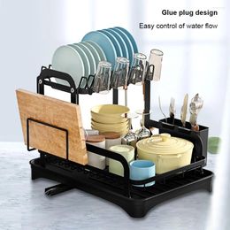 Kitchen Storage 2 Tier Dish Drainer With Drip Tray Sink Organiser Chopstick Holder Bowl Draining Shelf 360-Degree Retractable Drain