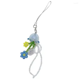 Keychains Creative Acrylic Beaded Phone Chain Blue Jellyfish Bowknot Flower Pendant Keychain Bag Charm DIY Backpack Decoration 264E