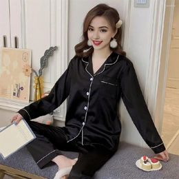 Home Clothing Soft Fabric Women Suit Elegant Silky Ice Silk Women's Pajamas Set With Lapel Wide Leg Pants Long Sleeve Homewear For Comfort