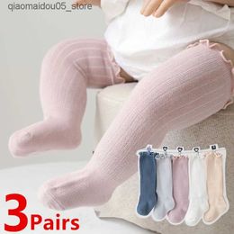 Kids Socks 3 pairs of baby socks for boys and girls knee high childrens pleated pure cotton long socks for babies summer childrens pleated cute socks Q240413