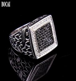 Real S925 Pure Silver Jewellery Black And White Diamond Men039s Ring Vintage Dripping Oil Zircon For Man Cluster Rings2632152