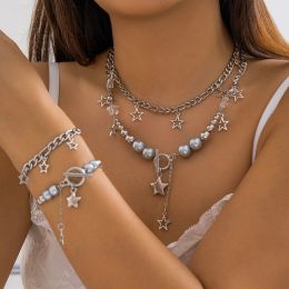 Ingemark Multilayer Silver Color Beads Chain Necklace Women Goth OT Buckle Star Pendant Tassle Choker Grunge Jewelry Steampunk