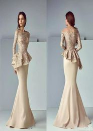 Champagne Lace Stain Peplum Mermaid Evening Dresses Sheer Neck Long Sleeves Dubai Arabic Prom Dresses Evening Wear Custom Made9768959