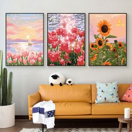 Tulip Sunflower in Water Landscape Oil Painting DIY Full Round Drill Diamond Painting Mosaic Embroidery Modern Room Home Decor