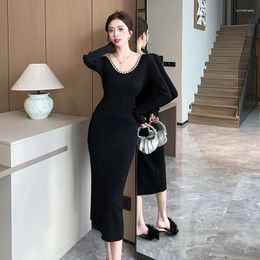 Casual Dresses Temperament Autumn Winter Black Knitted Sweater Dress Women Sexy Diamonds V Neck Slim Waist High Stretch Bodycon Long