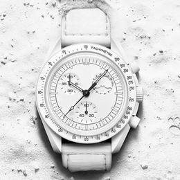 Moon Mens Watch Otomatik Kuvars Kronograf Biyoseramik Gezegen İzle Erkekler Bayanlar Su Geçirmez Saatler Yüksek Kaliteli Deri Kayış Kol saatleri Kutu ile Saatler