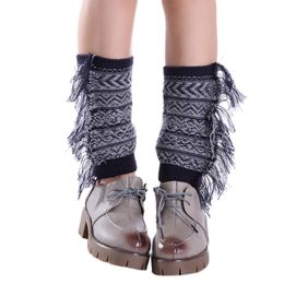 Women Bohemian Boot Cuffs Toppers Side Fringed Tassels Crochet Knit Short Leg Warmers Geometric Striped Print Calf Socks