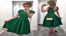 Sexy Green Knee Length Satin Cocktail Dresses Applique Short Sleeve Sequins Pleated Arabic Formal Girl Backless Prom Dresses For W9128481