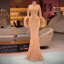 Elegant Mermaid Prom Dresses High Neck Sleeves Feathers Sequins Shiny Women Long Evening Pageant Gowns Custom Made